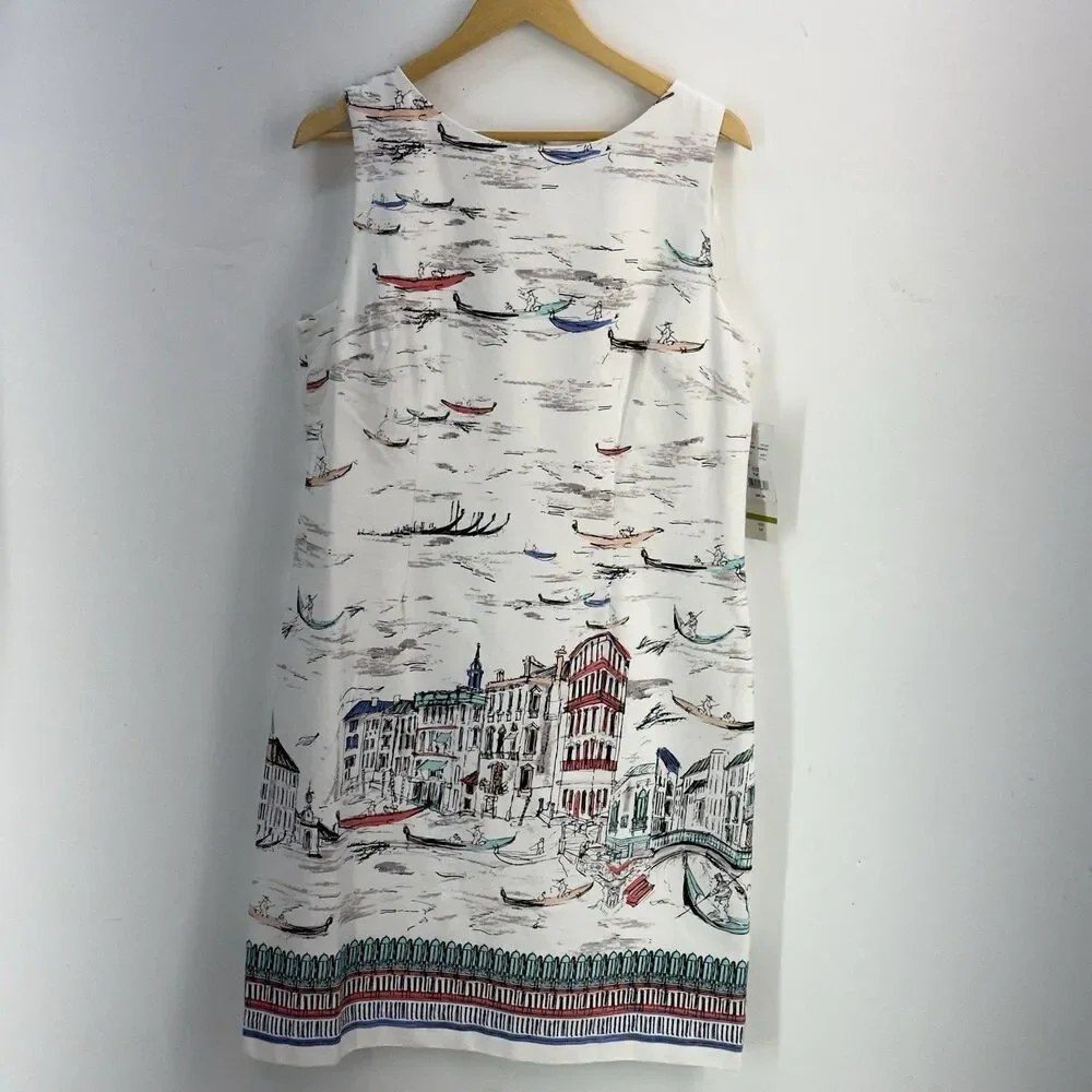 NEW Leslie Fay Venice Gondula Boat White Sleeveless Knee Length Shift Dress 14 - Picture 9 of 17